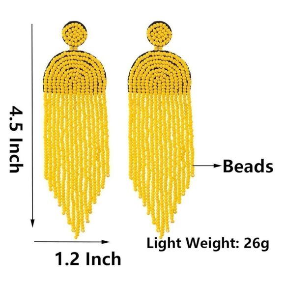 Long Boho Yellow Beaded Tassel Fringe Dangling Drop Fan Chandelier Post Earrings - Picture 3 of 7
